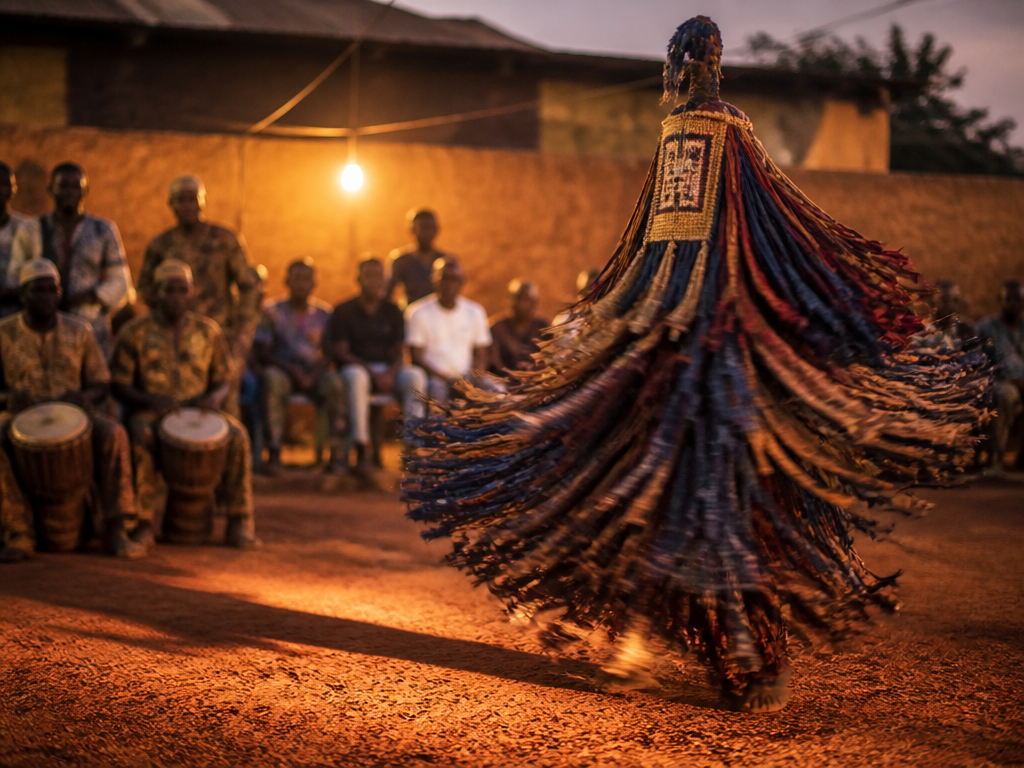 Documentary-style photograph of an open-air compound courtyard at dusk in southwestern Nigeria: a masquerade…