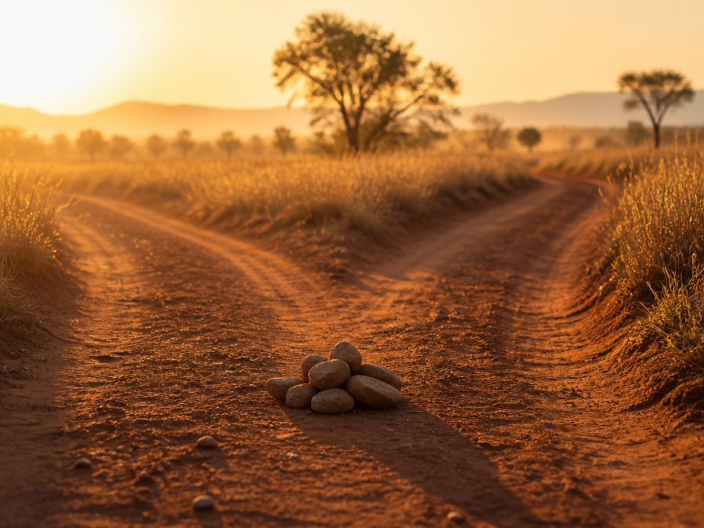 A weathered dirt road forking into two paths at golden hour in a West…