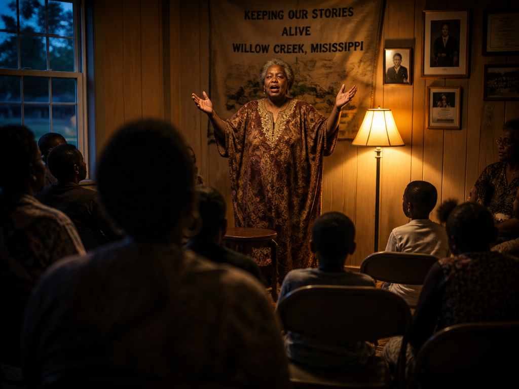 A dimly lit community room in a small Southern town at dusk, photographed from…