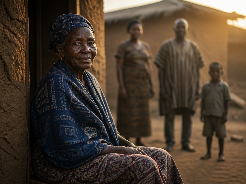 Photorealistic documentary portrait of an elderly West African woman seated on a low wooden…