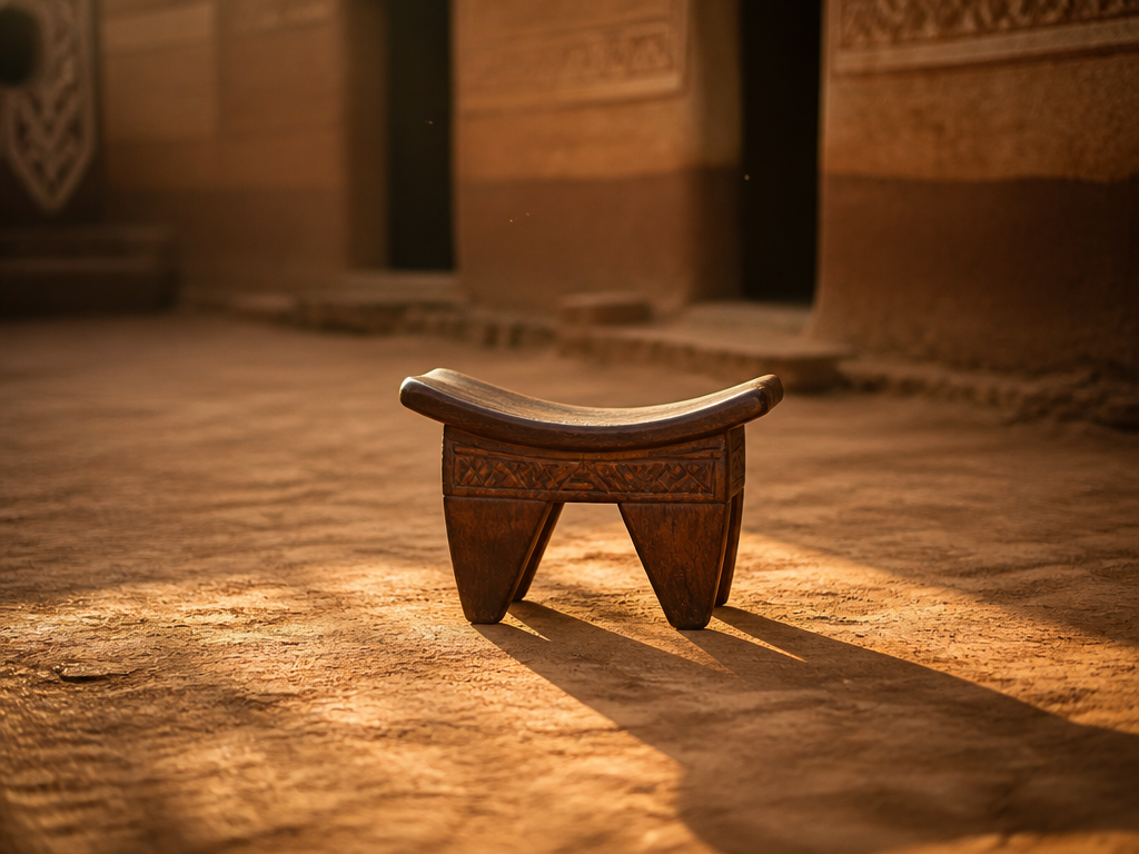 An empty carved wooden stool with a low curved seat standing alone in the…
