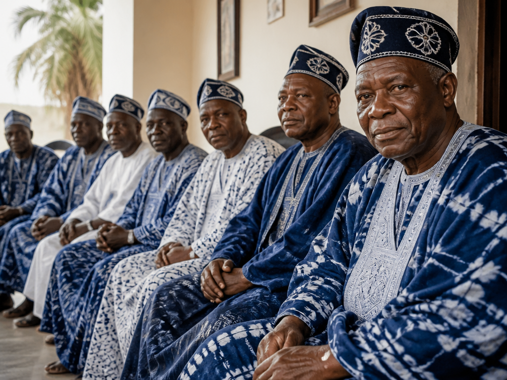Seven older men in richly patterned indigo and white agbada robes with embroidered caps…