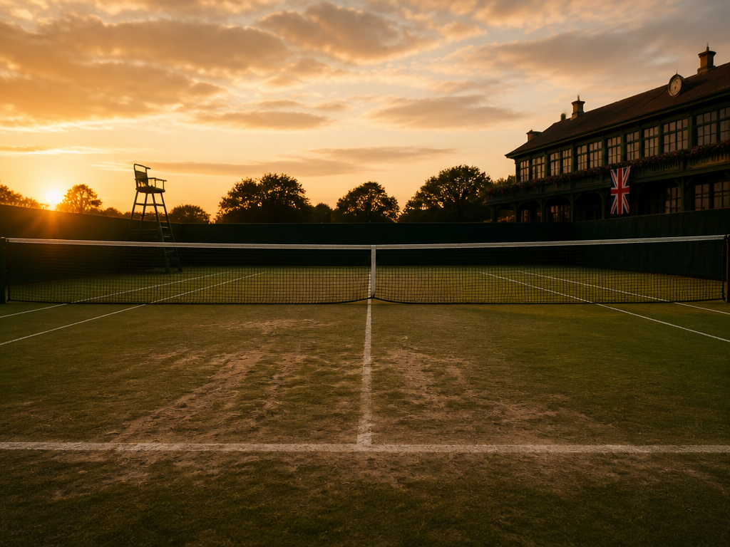 A dramatic, cinematic wide shot of the grass court from behind the baseline, scored…