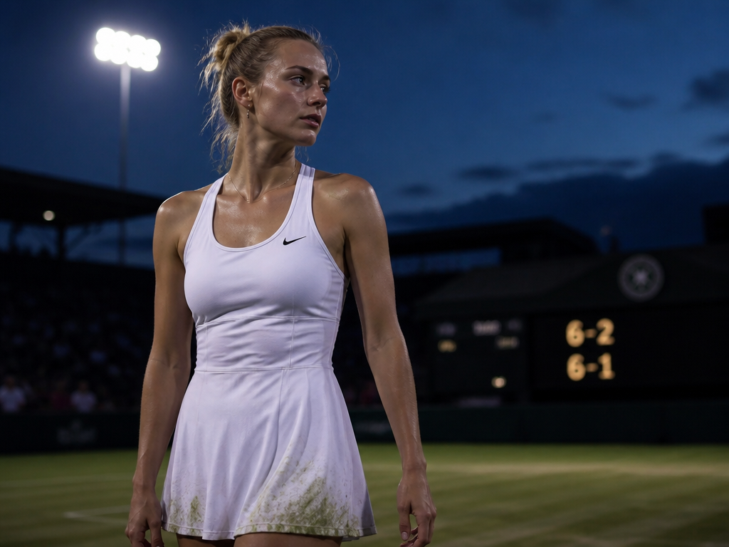 A candid, moody portrait of a female tennis player standing alone on the grass…