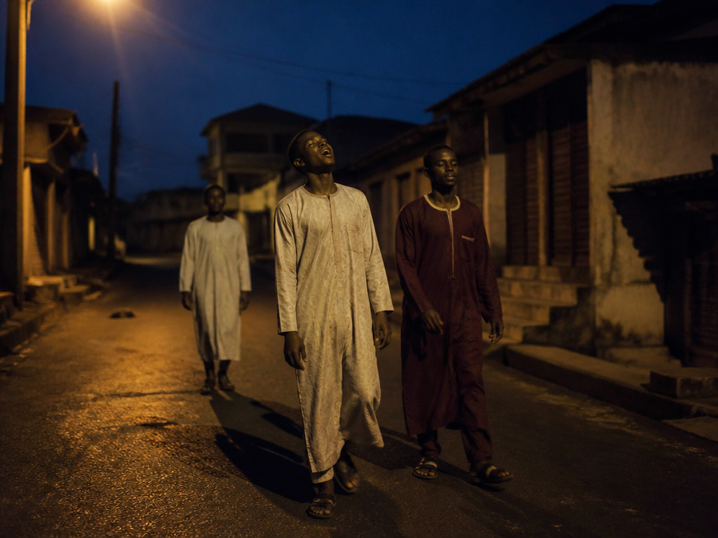 Photorealistic documentary photograph taken at four in the morning on a quiet residential street…
