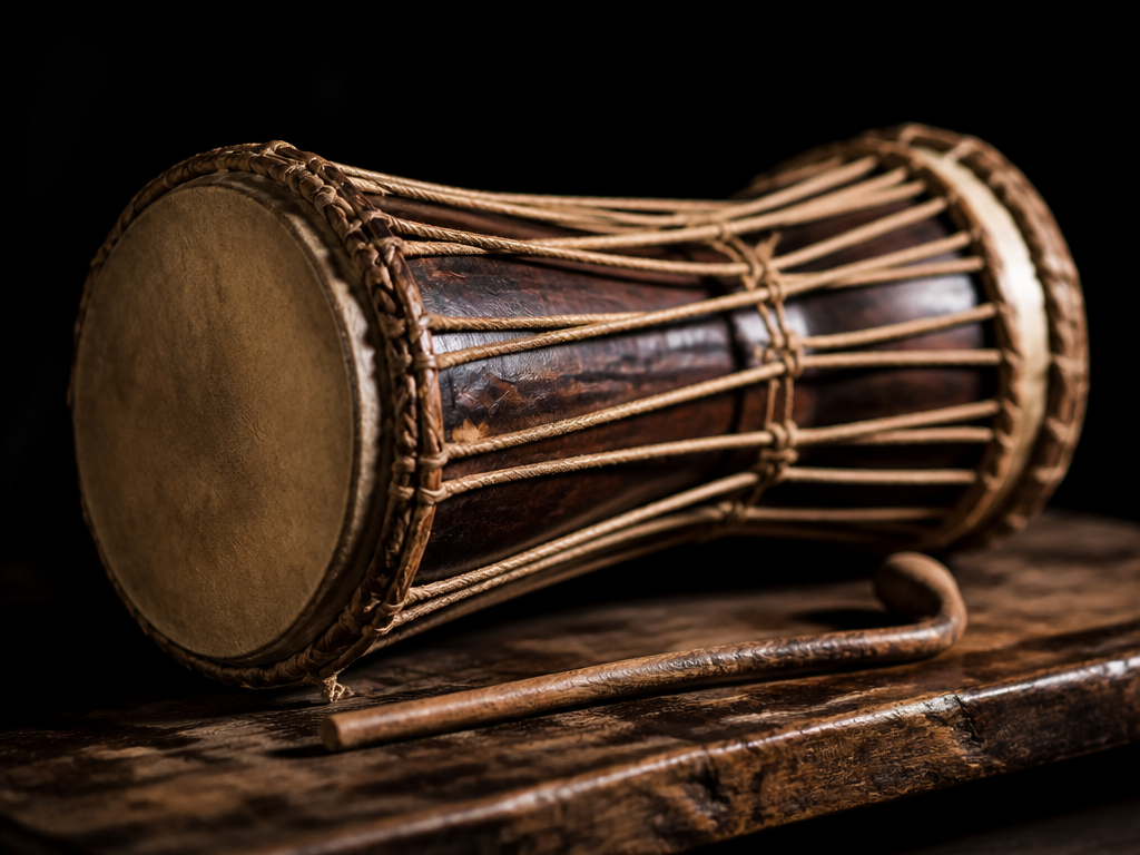 Photorealistic still-life studio photograph of a single Yoruba dùndún talking drum resting alone on…