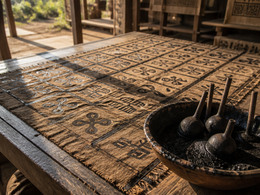 Documentary photograph of a stamped adinkra cloth spread flat across a low wooden printing…